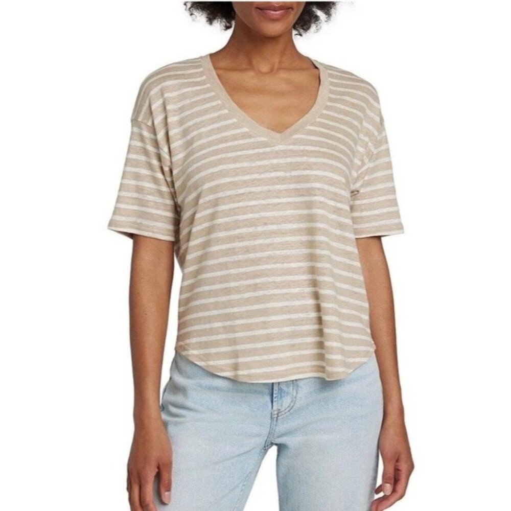 FAHERY S Oceanside Linen V-neck Short Sleeve Tee Women Tan White Hampton Stripe